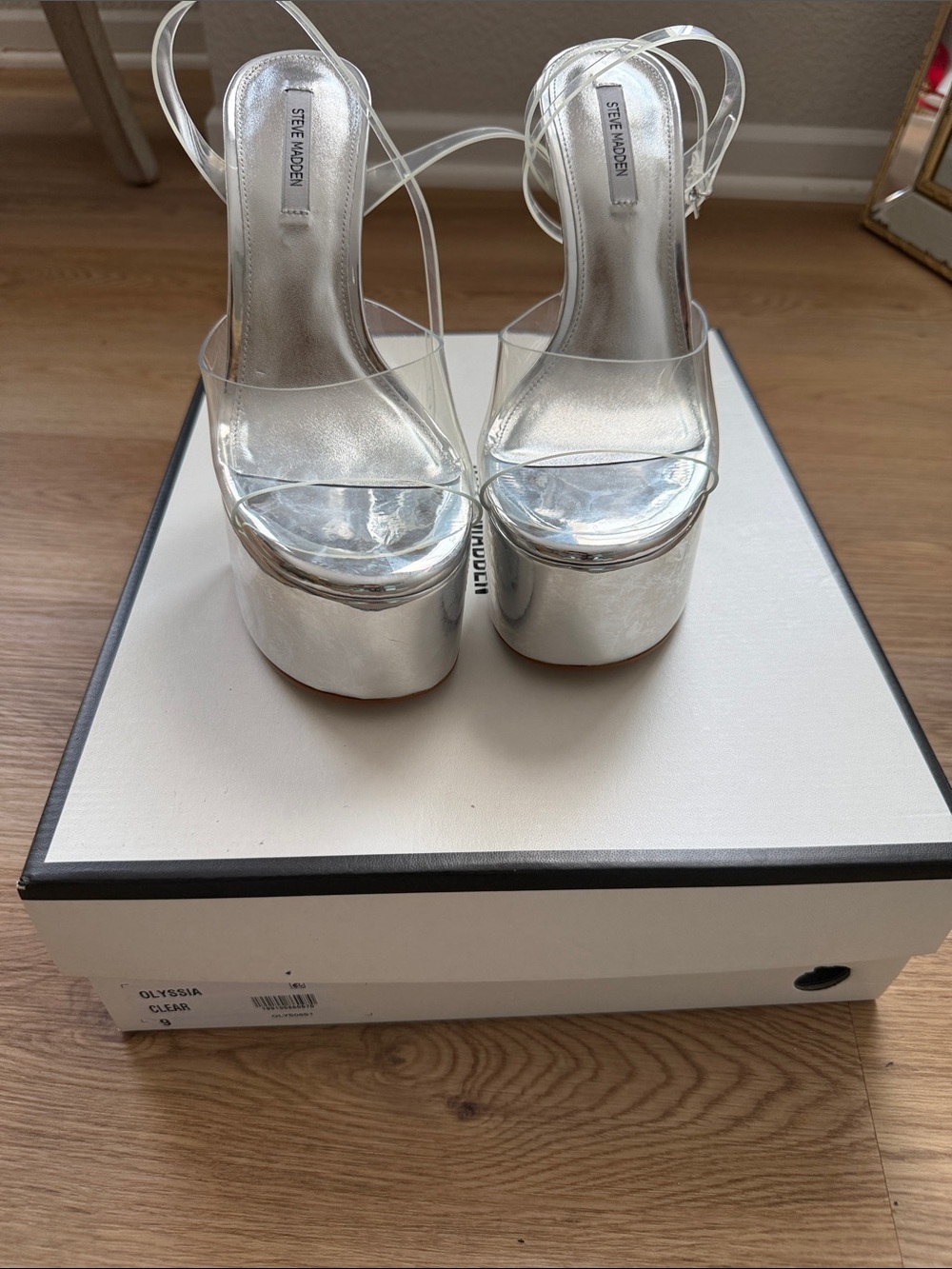 Steve Madden Silver Platform Clear Strap Slingback Heels